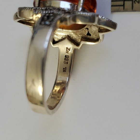 Sterling Silver 925 Amber and Marcasite Nugget Ring - Picture 8 of 10